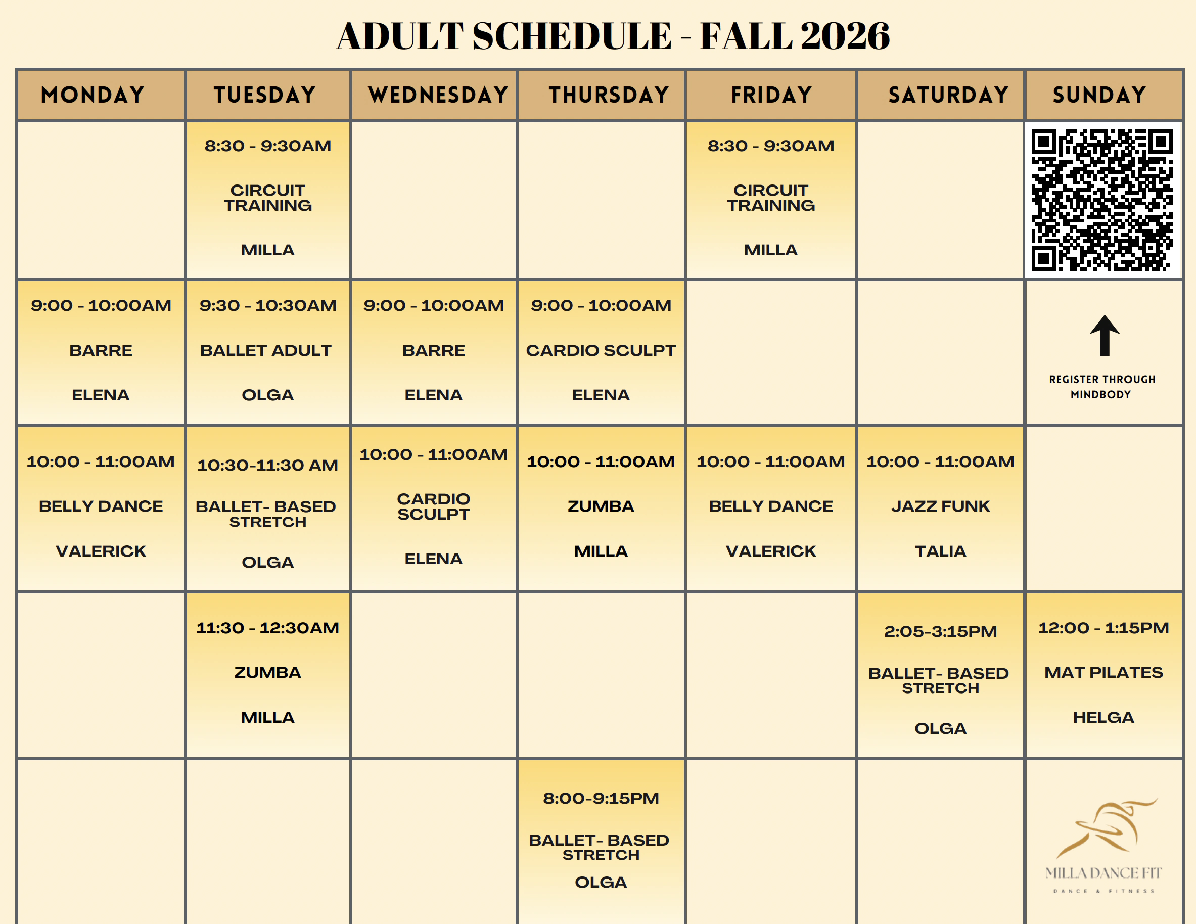 Milla Dance Fit adult class schedule for Fall 2026, Monday to Sunday, featuring circuit training, barre, ballet, cardio sculpt, Zumba, belly dance, jazz funk, and mat Pilates, with a QR code to register through Mindbody